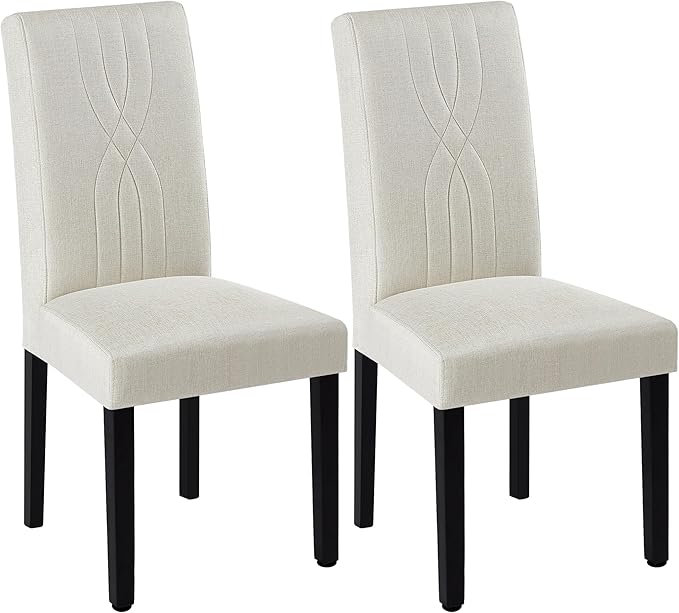 VECELO Upholstered Dining Chairs Set of 2, Modern Fabric and Solid Wood Legs & High Back for Kitchen/Living Room- Beige