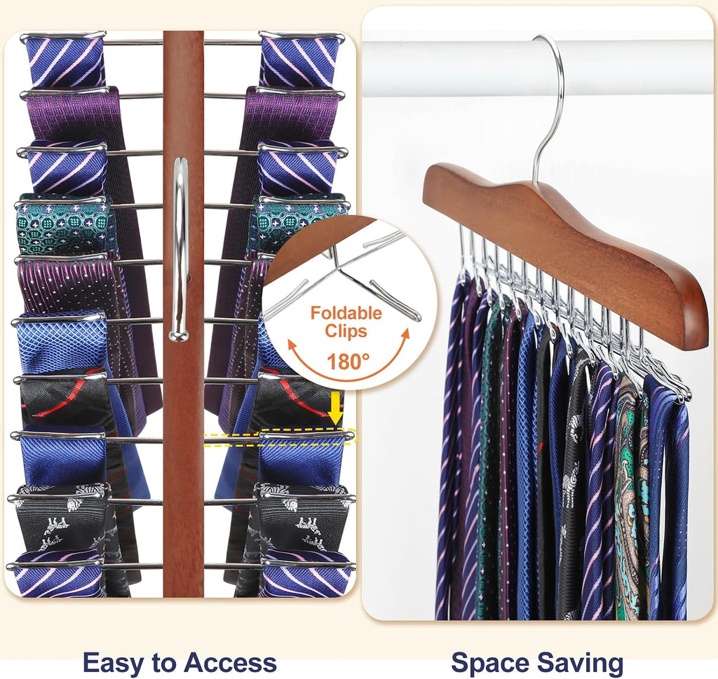 TOPIA HANGER Tie Rack Hanger for Closet 2 Packs, Wooden Tie Organizer for Men with 24 Folding Hooks, Space Saving Necktie Holder for Storage and Display Bra, Tank Top, Camisole (Walnut)-CT14WA-2