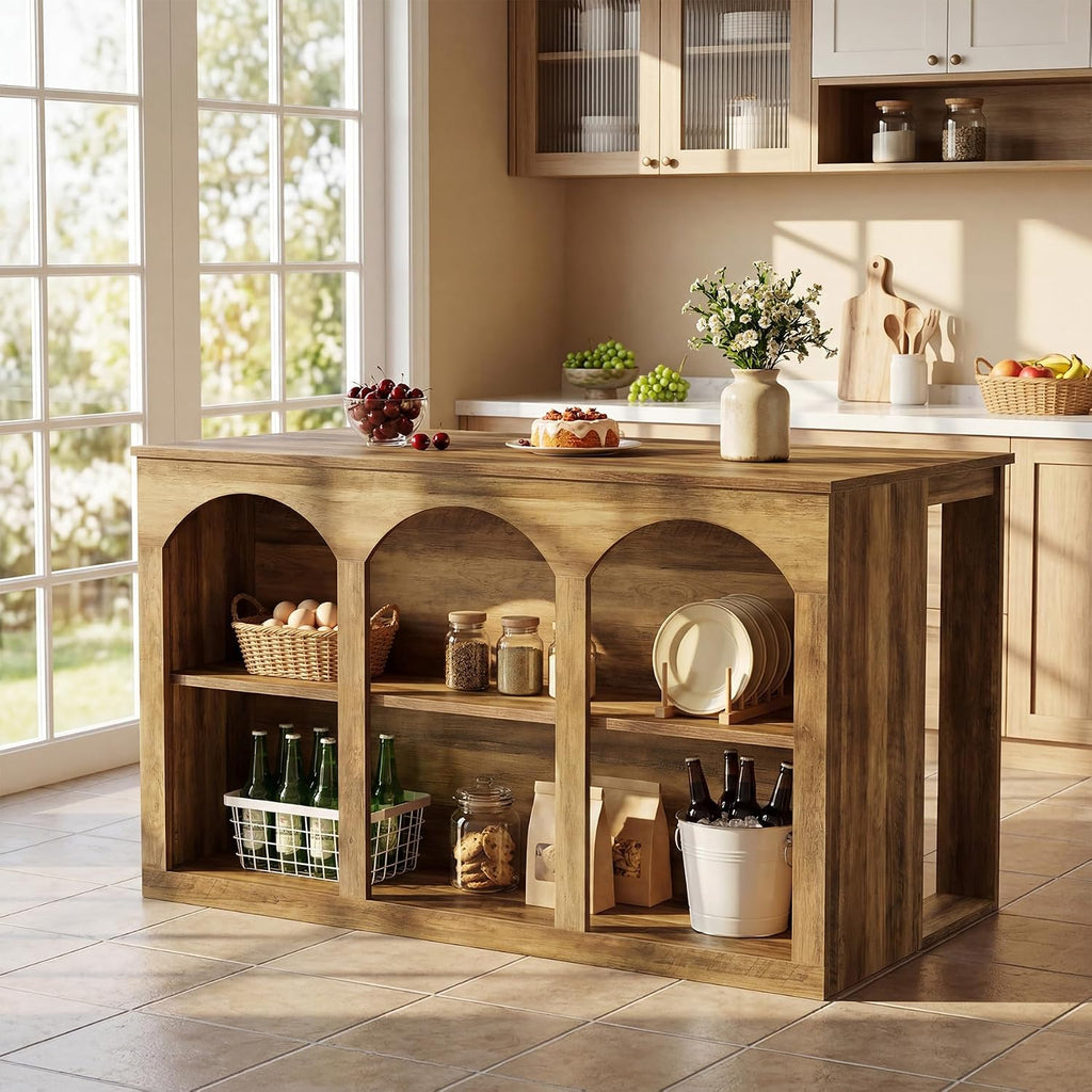 Tribesigns Kitchen Island with Storage, 55-in Counter Height Stationary Kitchen Table with 2-Tier Shelves & Large Worktop, Wooden Coffee Bar Table for Dining Room, Rustic Brown