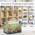 Retro Flowers Floral Storage Basket with Handles,Colorful Collapsible Rectangle Organizer Bin for Room Decoration Books Box Baskets 17x11.5x10Inch