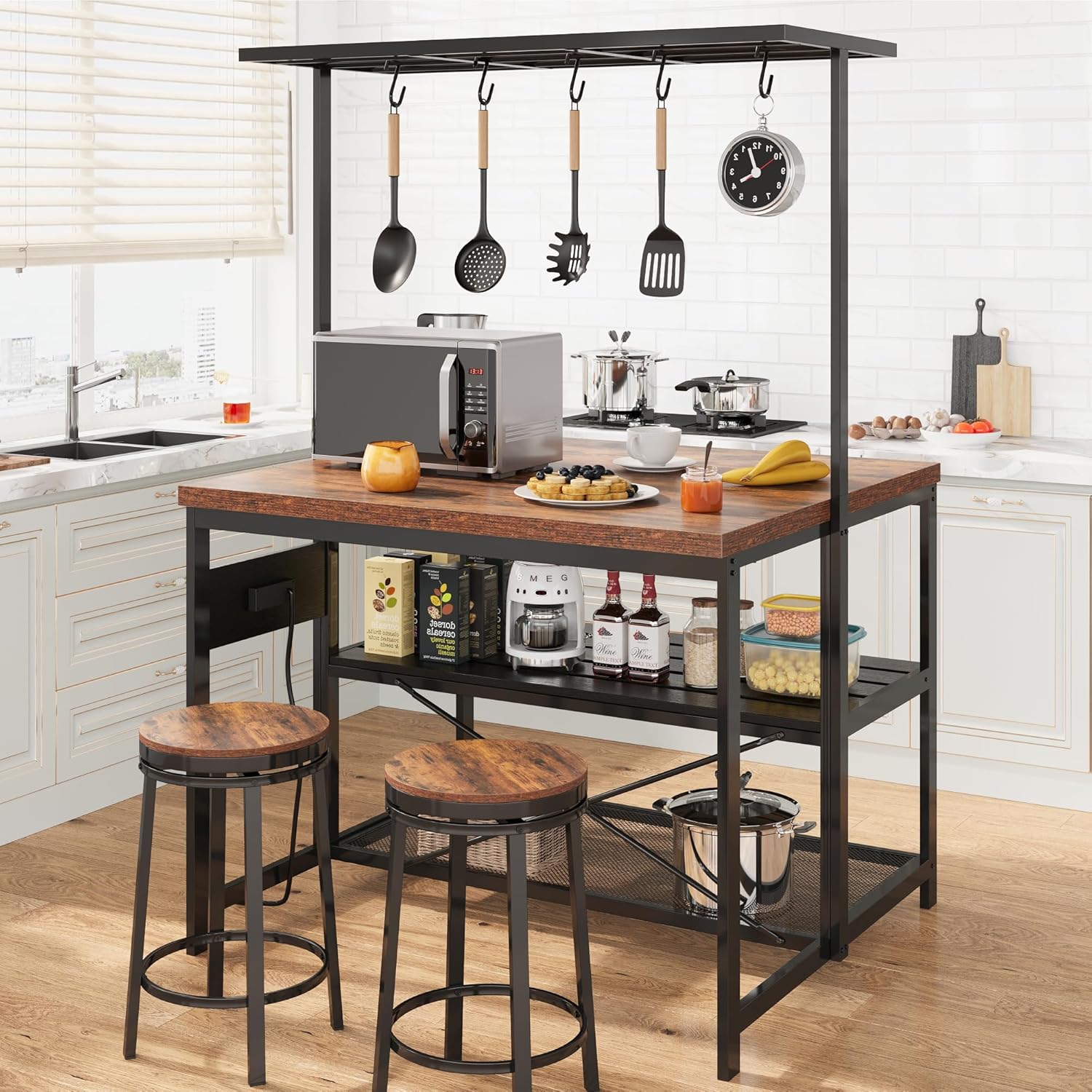 IDEALHOUSE 47" Kitchen Island with Electrical Outlets - Rolling Microwave Stand with 3-Tier Shelves, 5 Hooks & 400lb Capacity (Black & Wood)