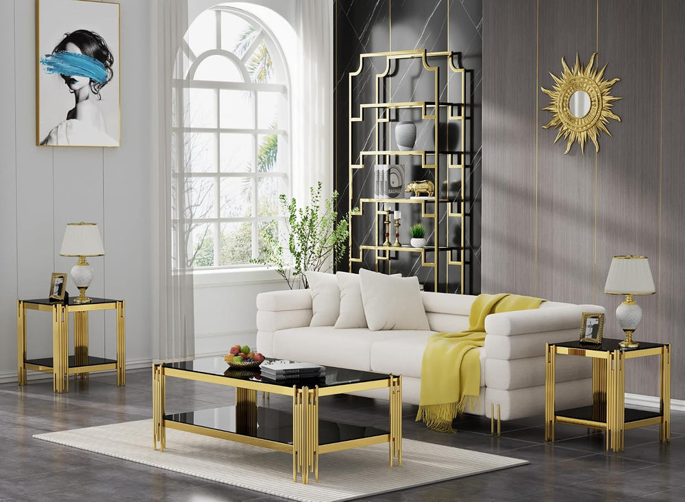 Henf 3-Piece Black Glass Living Room Table Set, 2-Tier Glass Coffee Table &am...