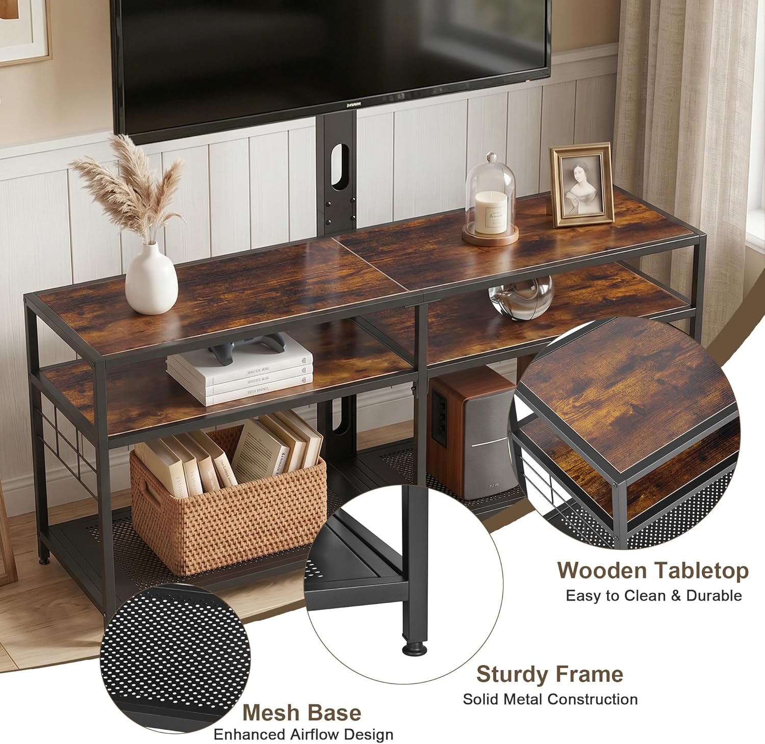VECELO TV Stand with Mount, Universal Swivel TV Console for 32-75 inch TVs, 55" Entertainment Center with Storage Shelves, for Living Room, Bedroom, Rustic Brown
