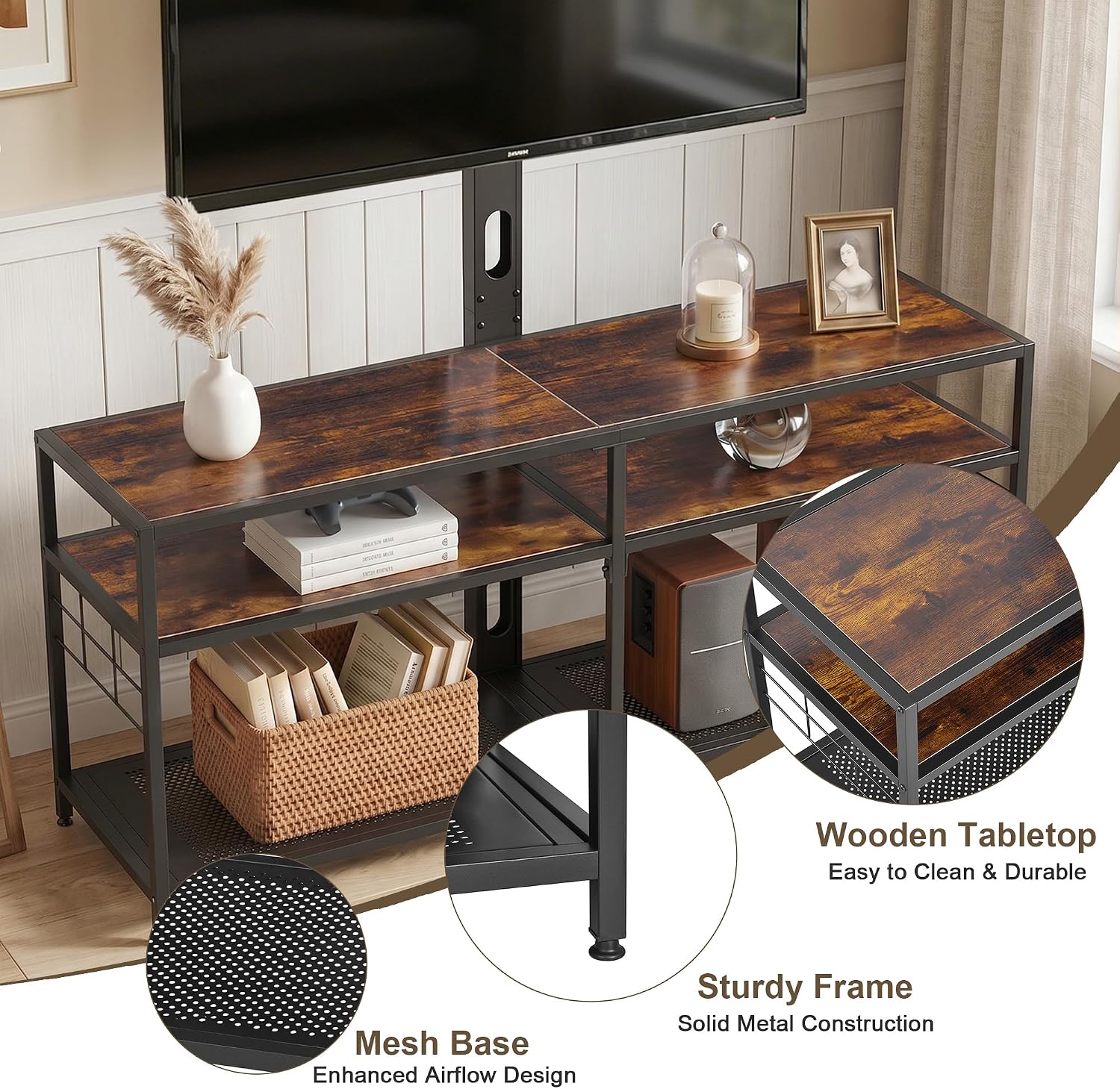 VECELO TV Stand with Mount, Universal Swivel TV Console for 32-75 inch TVs, 55" Entertainment Center with Storage Shelves, for Living Room, Bedroom, Rustic Brown