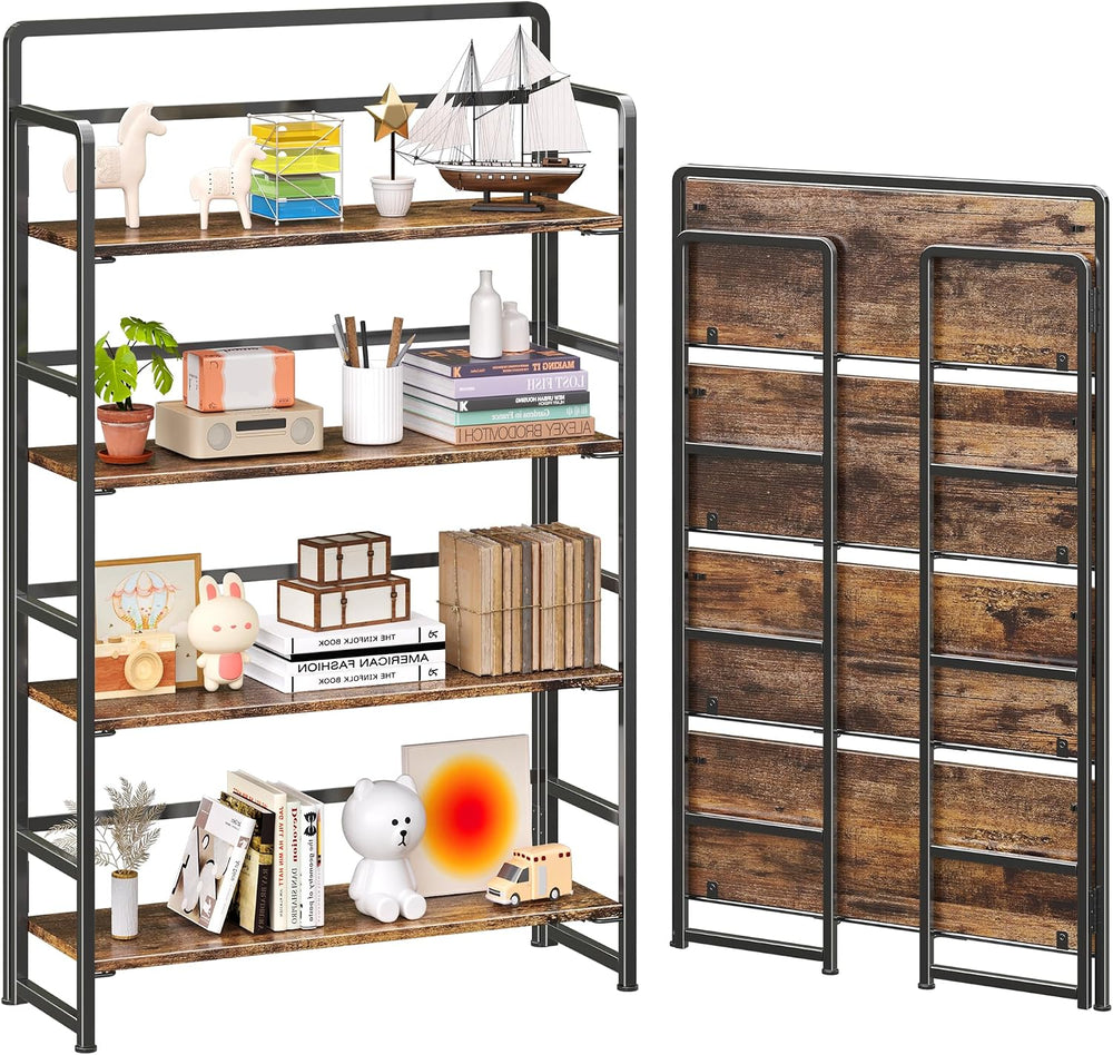 4NM No Assembly Extra Wide 4 Tier Folding Bookshelf Storage Shelves Vintage B...