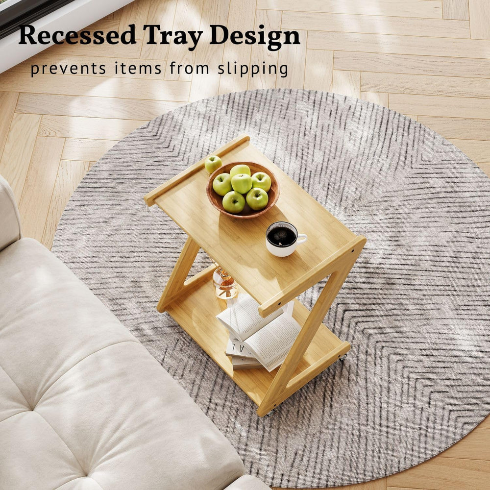 ZIYOO Z-Shaped End Table with Wheels, Natural Bamboo Couch Side Table that Sl...