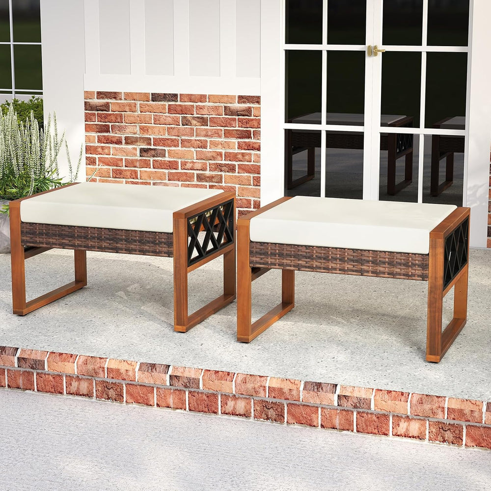 Tangkula Rattan Wicker Outdoor Ottoman Set of 2, Patio 3-in-1 Footstools with...