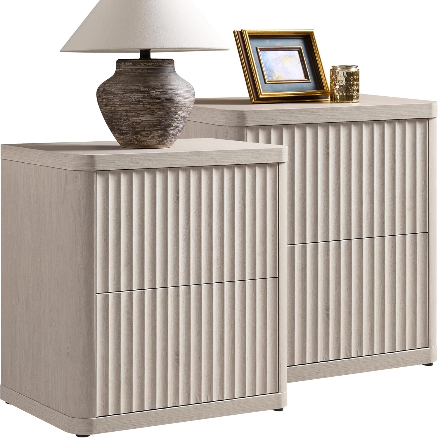 SICOTAS Night Stand Set of 2 Nightstands with 2 Drawers Storage Bedside Table Large Fluted Bed Side End Table Modern 24.4" Tall Wide Night Stands for Bedroom Living Room Sofa Couch Office, White Alder