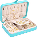 LANDICI Small Jewelry Box for Women Girls, PU Leather Travel Jewelry Organizer Case, Portable Jewellery Storage Holder Display for Ring Earrings Necklace Bracelet Bangle Watch Men Kids Gift, Lake Blue