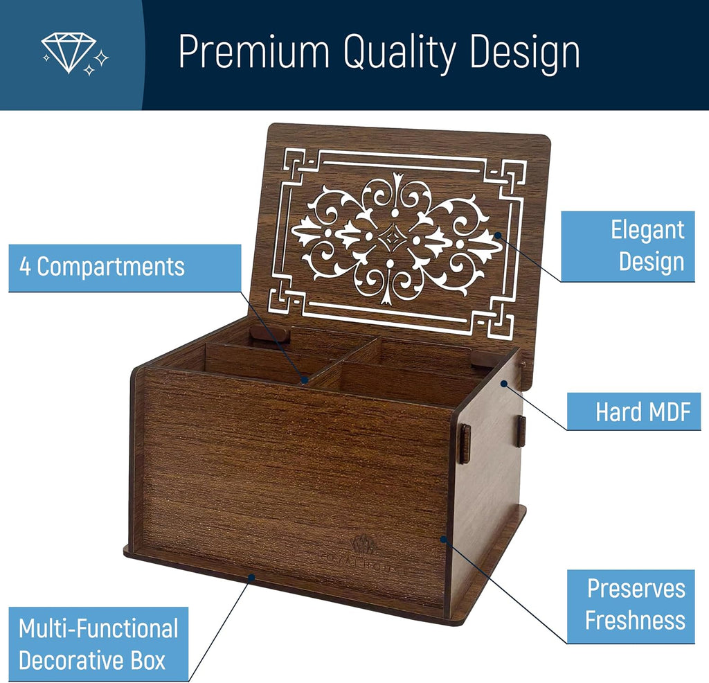 RoyalHouse Premium Wood Tea Storage Box Organizer, Tea Bag Holder Containers (Brown), Eco-Friendly Multi-Functional Decorative Box, 4 Compartments For Assorted Variety Of Small Items | Eco Friendly Design,Functional Organizer,Perfect for Tea Bags & Small