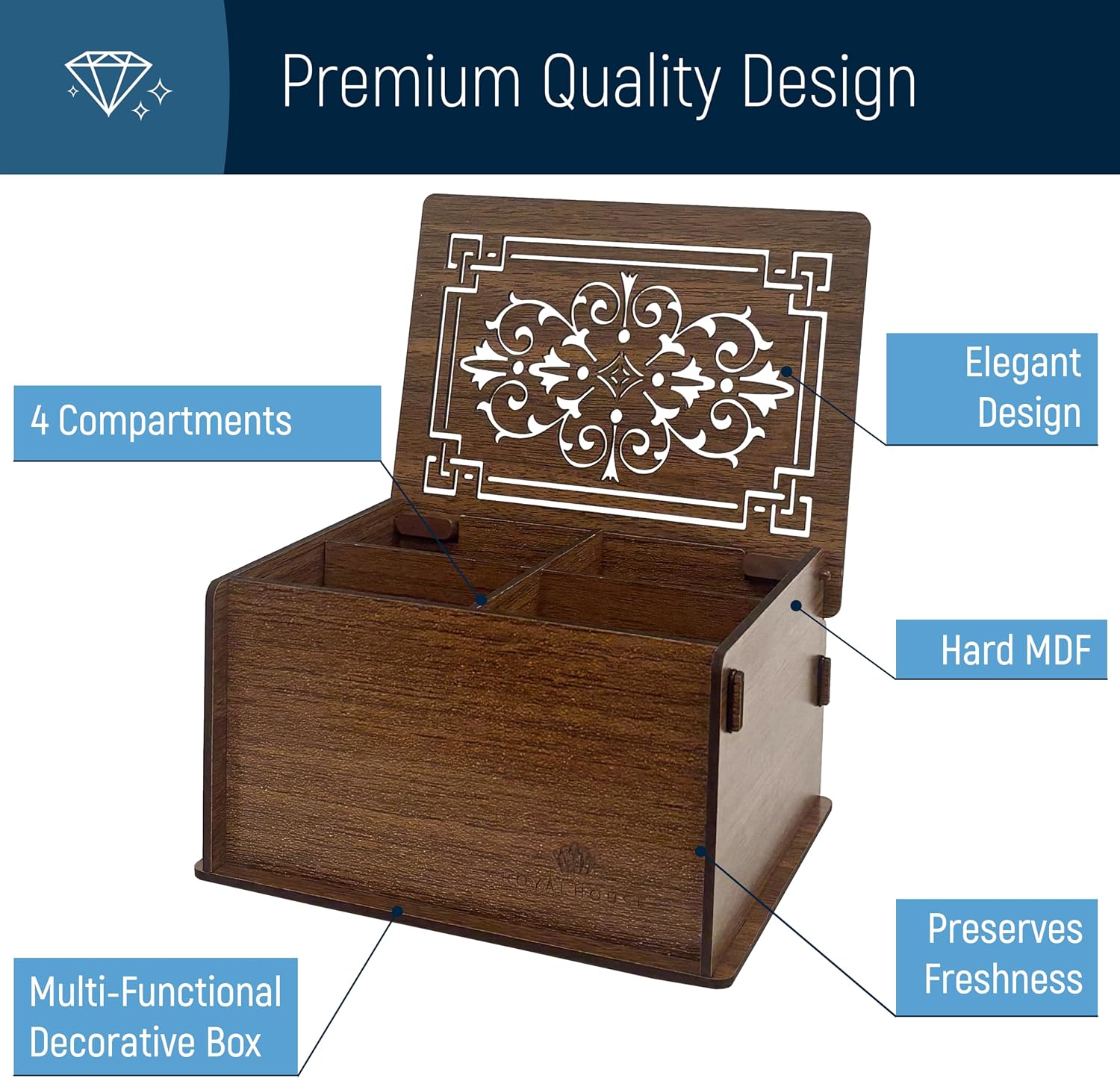 RoyalHouse Premium Wood Tea Storage Box Organizer, Tea Bag Holder Containers (Brown), Eco-Friendly Multi-Functional Decorative Box, 4 Compartments For Assorted Variety Of Small Items | Eco Friendly Design,Functional Organizer,Perfect for Tea Bags & Small