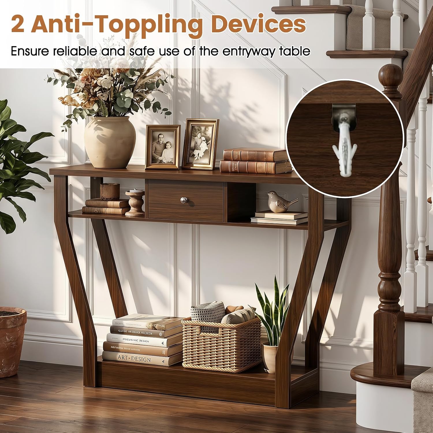 Giantex 43" Modern Console Table with Drawer & Storage Shelf, Walnut | Narrow Entryway Table w/Geometric Angled-Leg Design, Mid-Century Behind Couch Sofa Table for Living Room, Hallway, Entrance