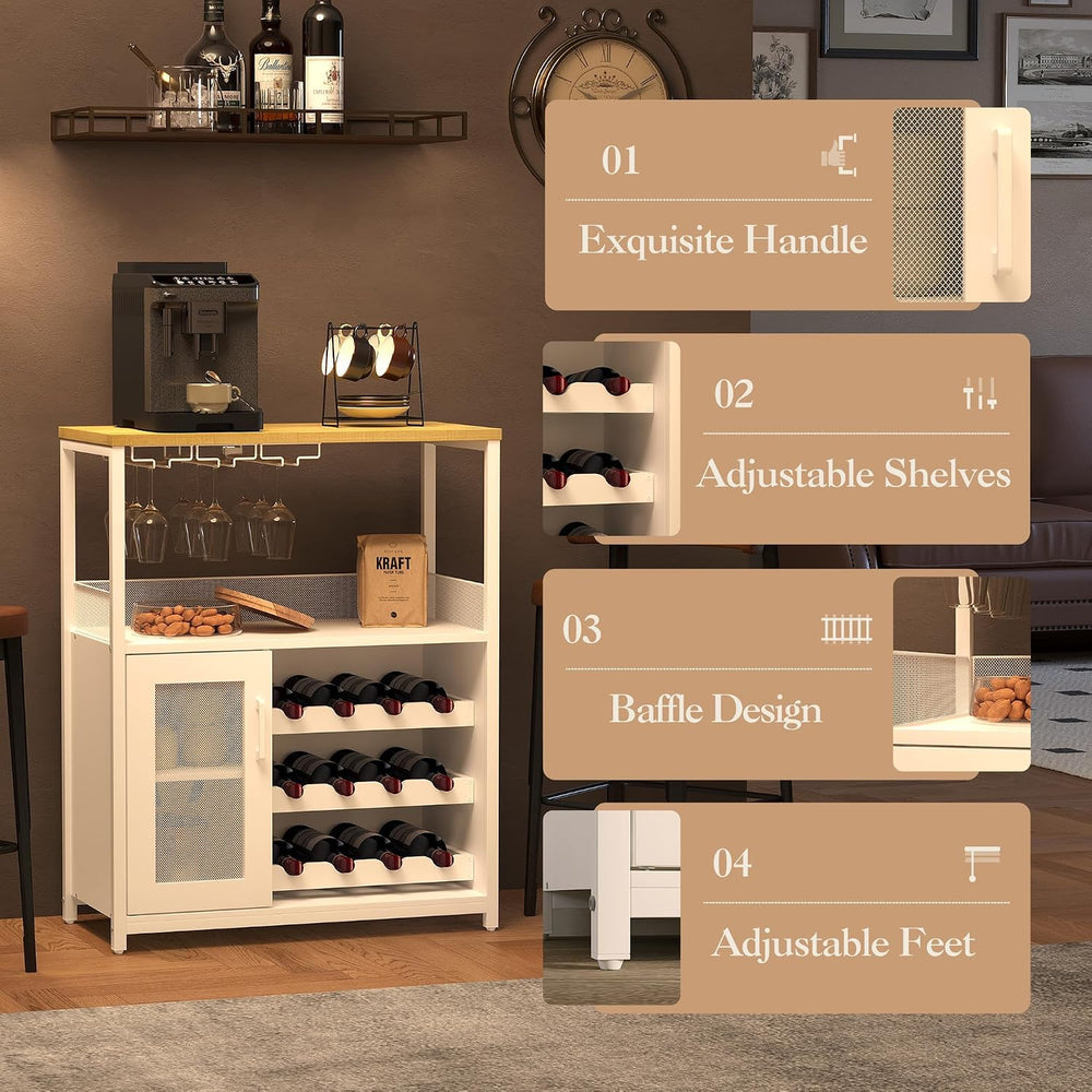 GAOMON Modern 36" White Wine Bar Cabinet with Mesh Door, Adjustable Glas...