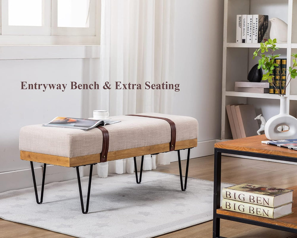 DUOMAY Industrial Modern Linen Rectangle Ottoman Bench with PU Strap and Meta...