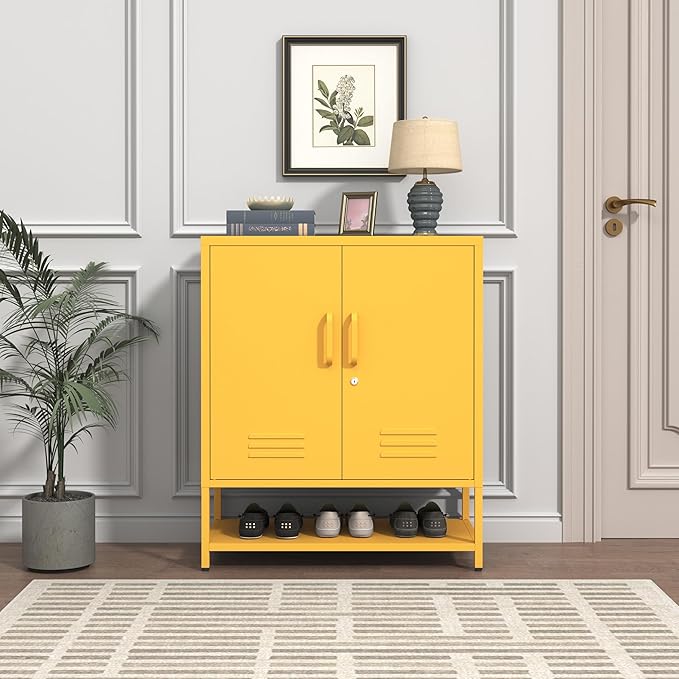 Metal Shoe Storage Cabinet with Lock, 2-Door Multifunctional Shoe Organizer with Adjustable Shelf & Bottom Shoe Rack, Freestanding Entryway Furniture, Yellow 33" H X 29.5" W X 13.8" D