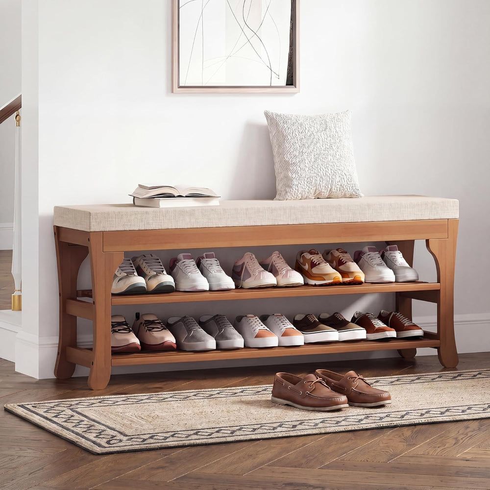 PETKABOO 39.4" Shoe Storage Bench with Cushion, Bamboo Shoe Rack Bench, ...