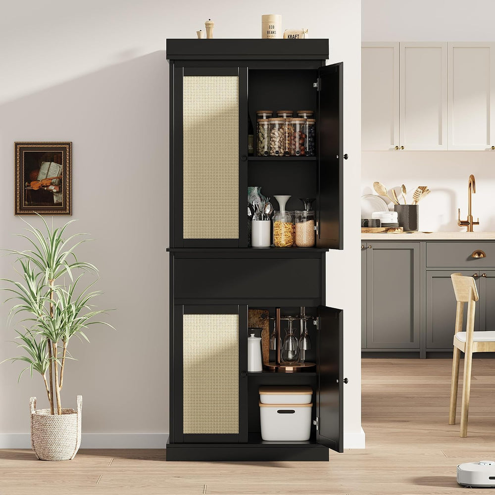69'' Tall Pantry Cabinet with Rattan Doors, Slim Kitchen Cabinet for ...