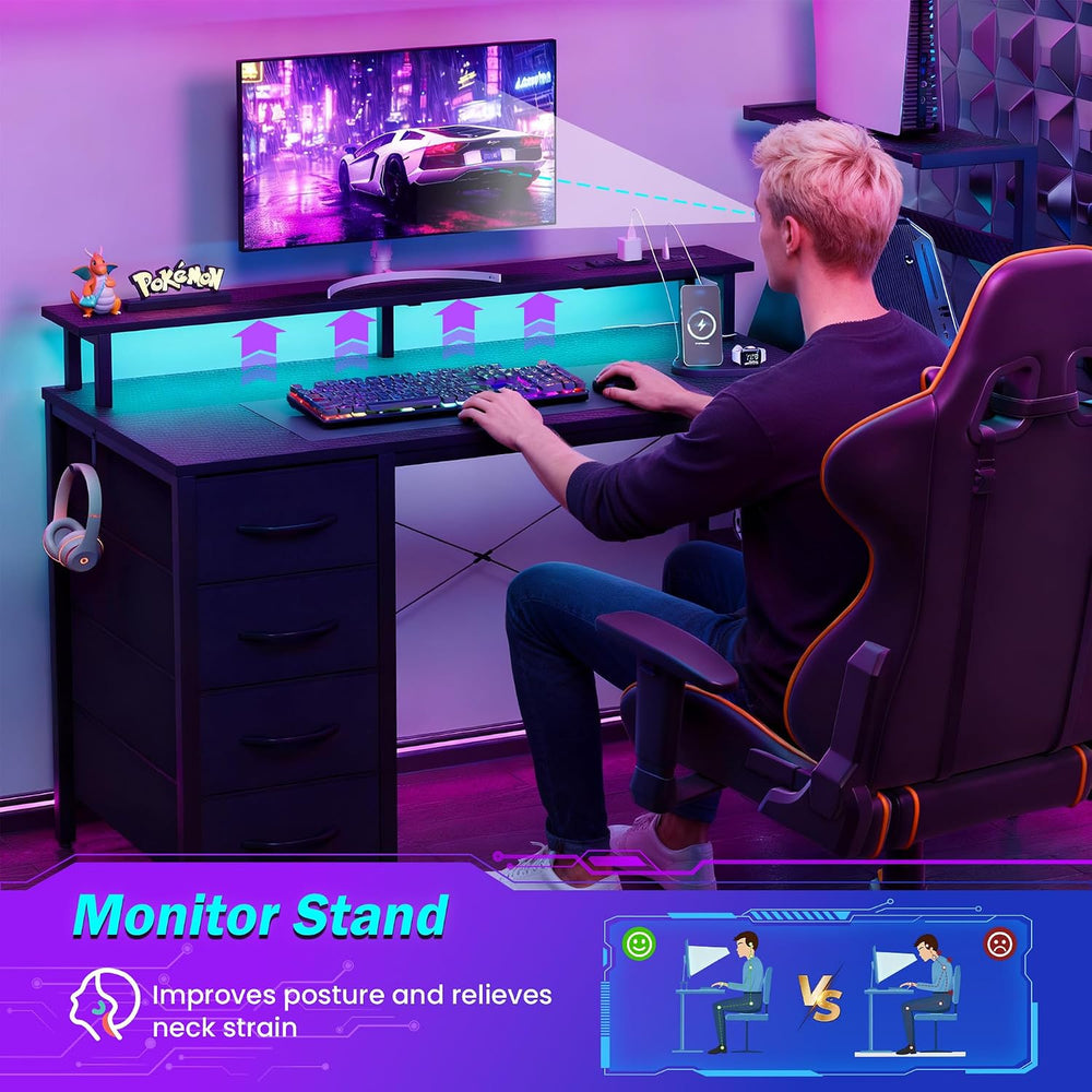 51 Inch Gaming Desk with Drawers & PC Tower Stand & LED Lights, Black