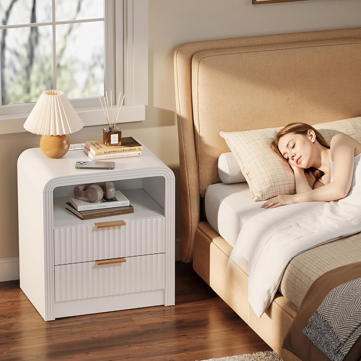 Decofy Fluted 2-Drawer Nightstand Set of 2 with Charging Station, White | Open Shelf, USB and Type C Ports, Curved Profile, Gold Handles, 19.7'' Wood Bedside Table