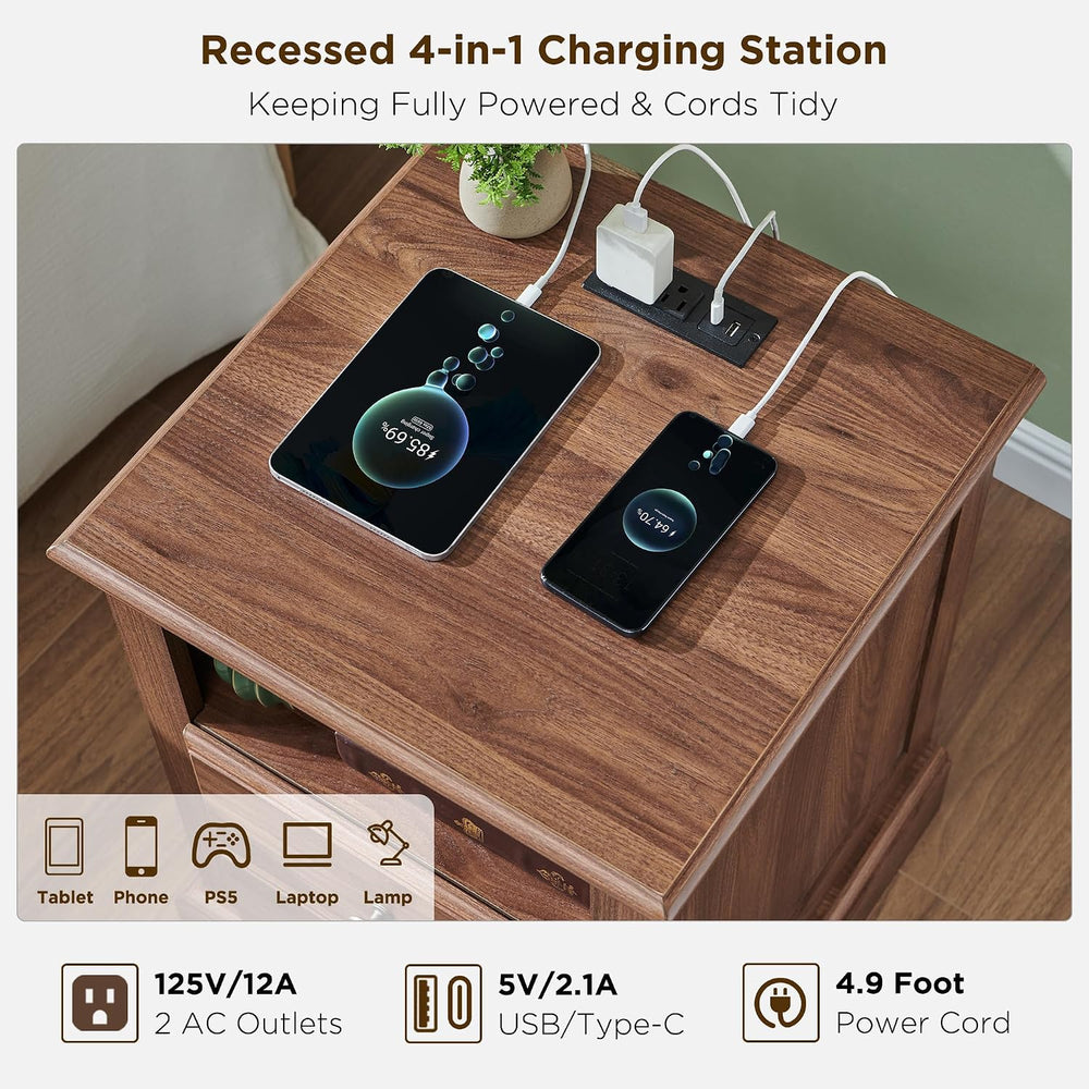 T4TREAM Nightstand Set of 2 with Charging Station, 18" W Vintage End Tab...
