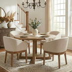 Mid Century Modern Upholstered Barrel Dining Chairs with Arms Set of 4, Farmhouse Linen Kitchen & Dining Room Chairs with Natural Hardwood Frame, 18" W Accent Chairs for Living Room Bedroom, Beige