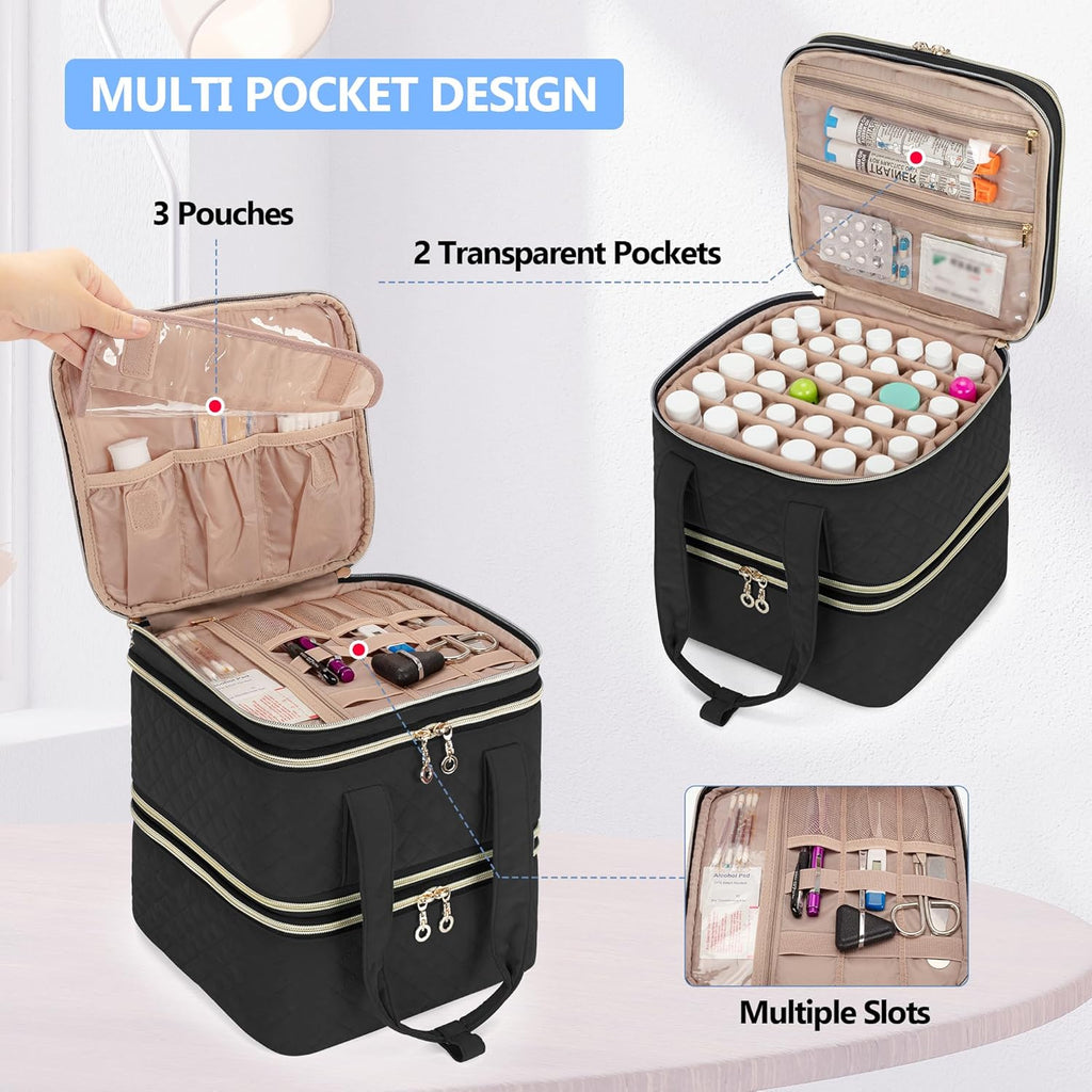 Yarwo Pill Bottle Organizer Storage Bag, 3 Layers Medicine Travel Case Empty with Demountable Design and Dividers for Pills, Potions, Vitamins and Emergency First Aid Supplies, Black (PATENT DESIGN)