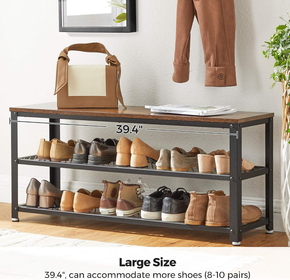 VASAGLE 3-Tier Shoe Rack, Shelf Storage Bench with Metal Mesh Shelves and Sea...