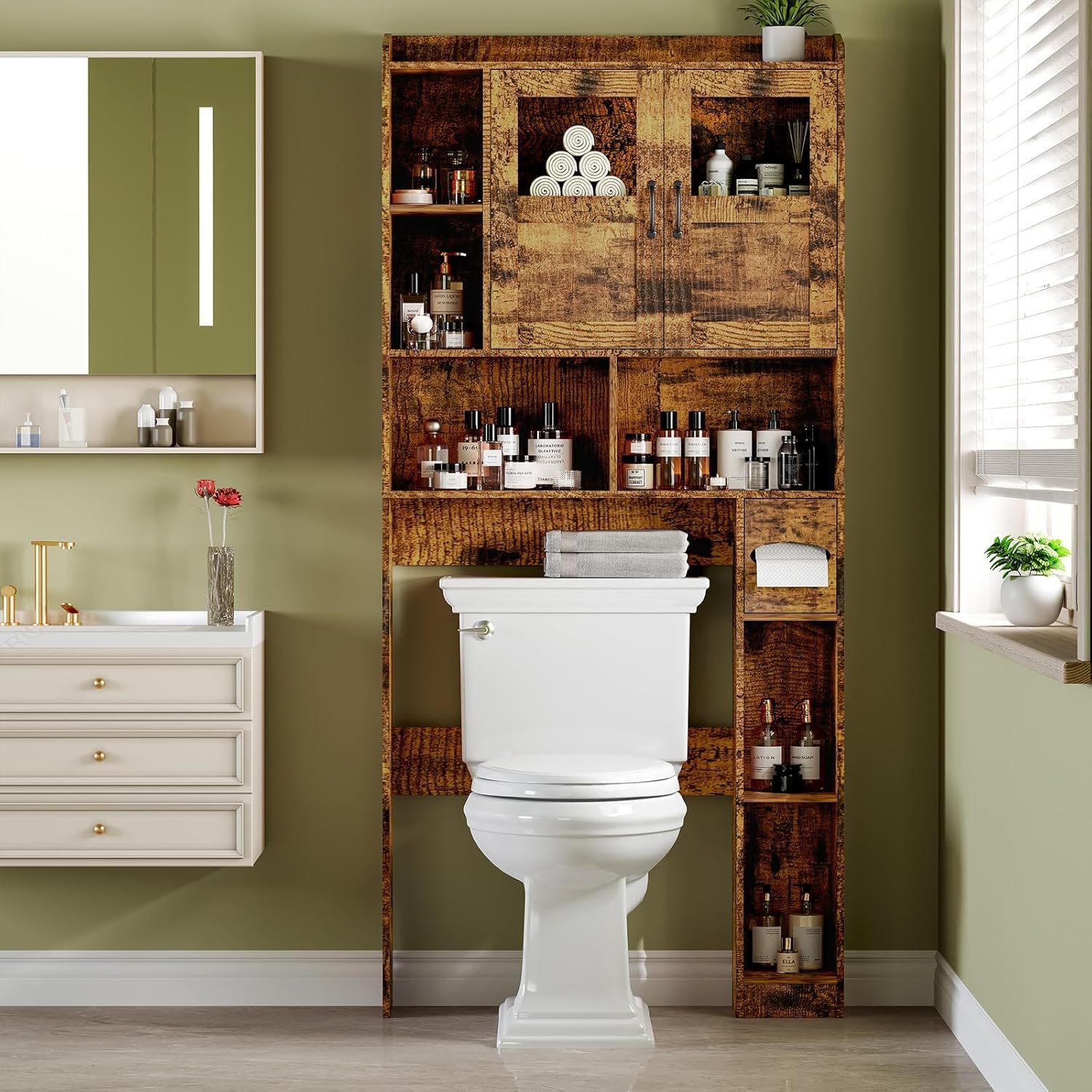 Over Toilet Storage Cabinet, 67 Inch Wall Mounted Tall Cabinet, Freestanding Bathroom Organizer Shelf for Bathroom, Brown