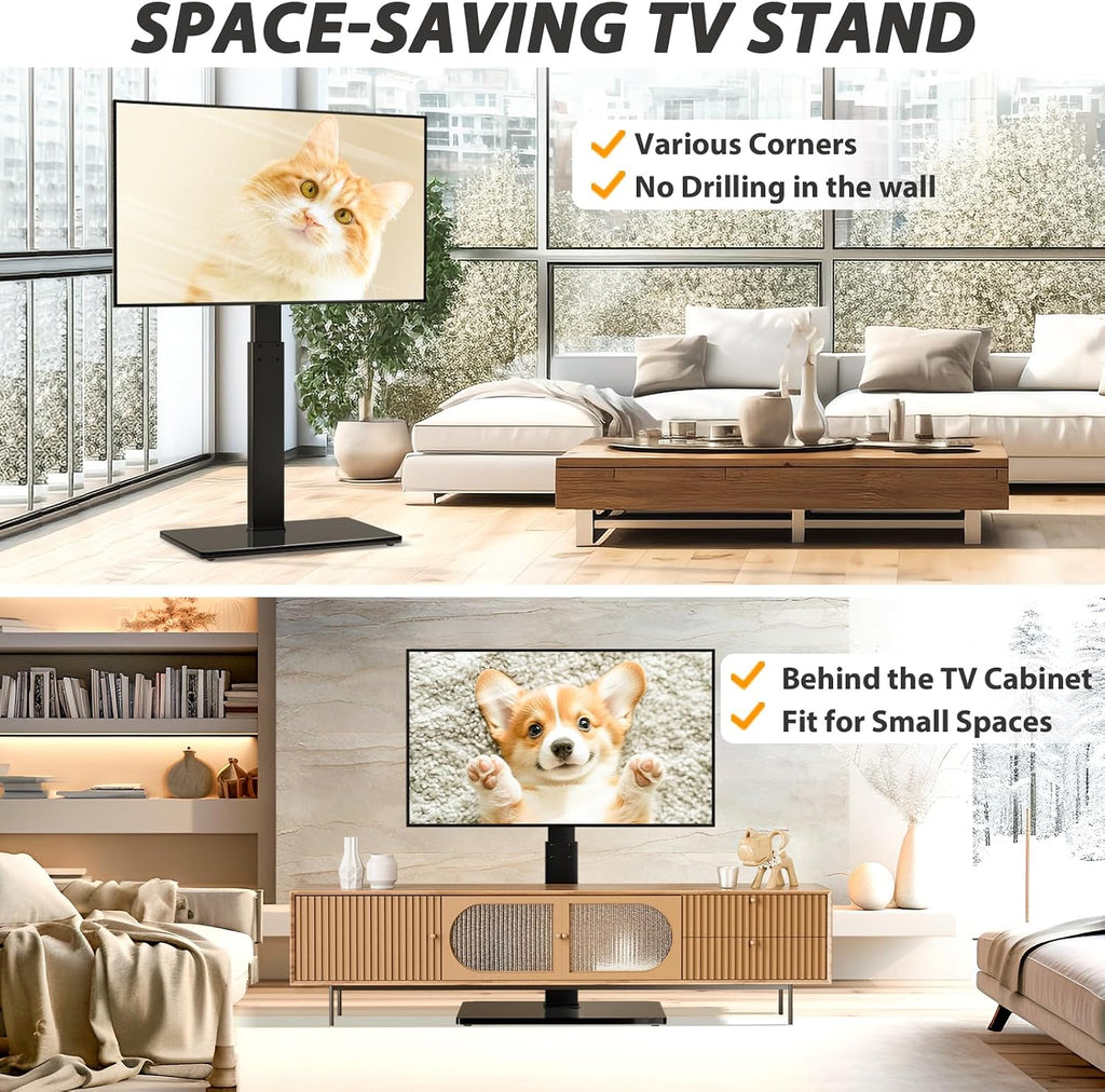 TAVR Swivel Floor TV Stand Base for 32-75 Inch TVs up to 110 lbs | Tall TV Stand for Bedroom with Height Adjustment and Tempered Glass Base for Media Storage, Max VESA 400x400mm, Black