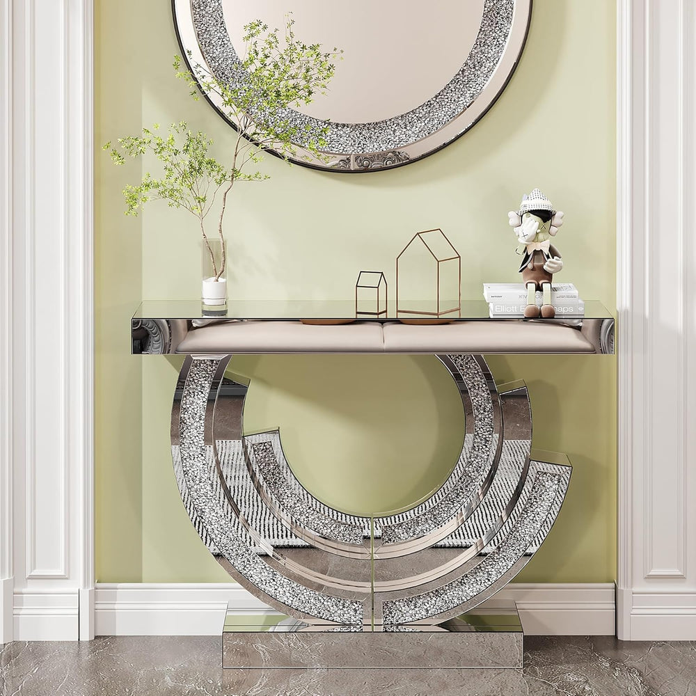 Silver Mirrored Console Table, 43" Modern Entryway Tables with Crushed D...