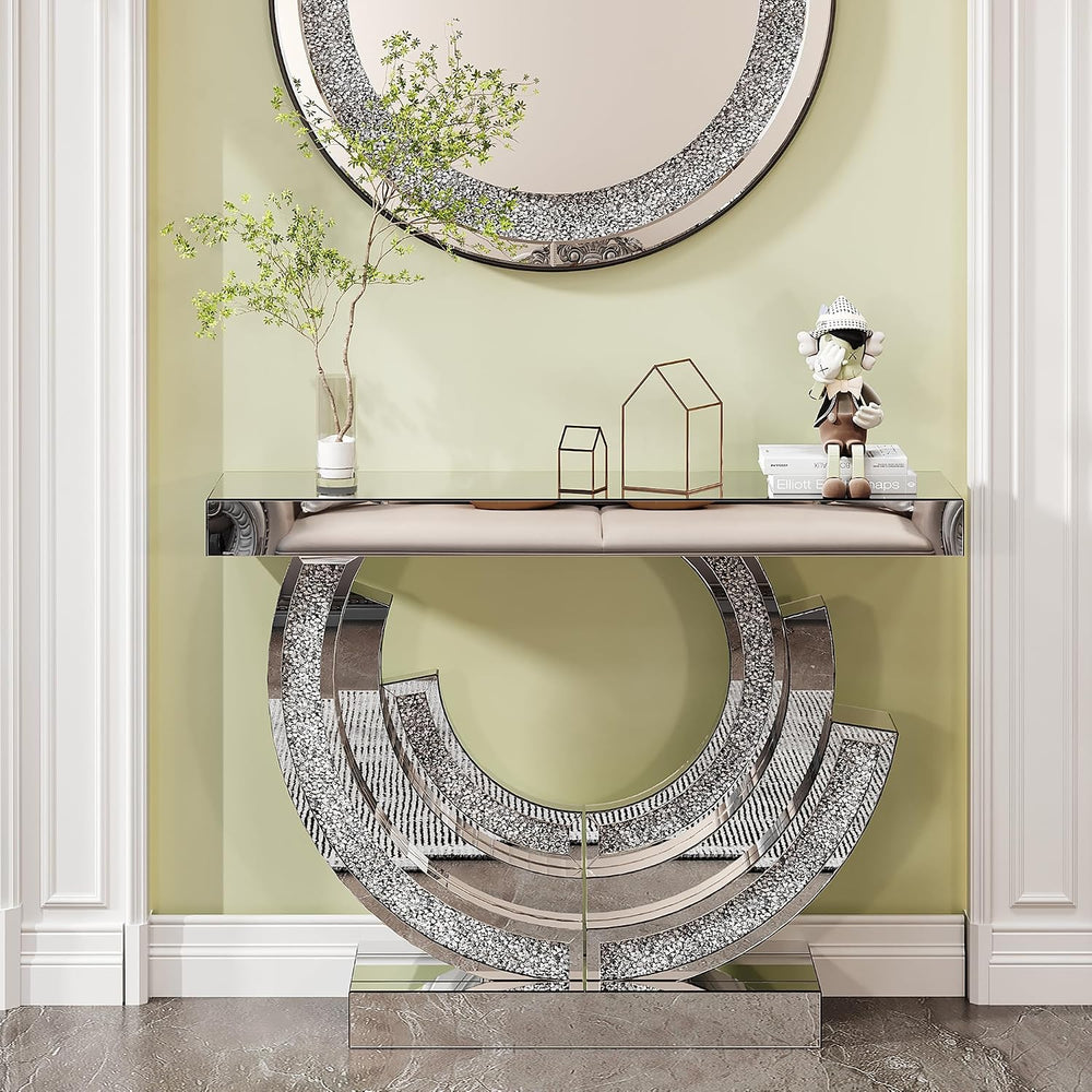 Silver Mirrored Console Table, 43" Modern Entryway Table with Crushed Di...