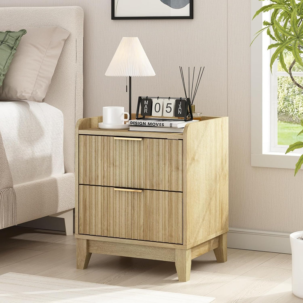 Wnutrees Fluted Nightstand with Charging Station, Modern Bedside Table with 2 Drawers, Farmhouse Wooden End Side Table for Living Room, 2Pack, Natural