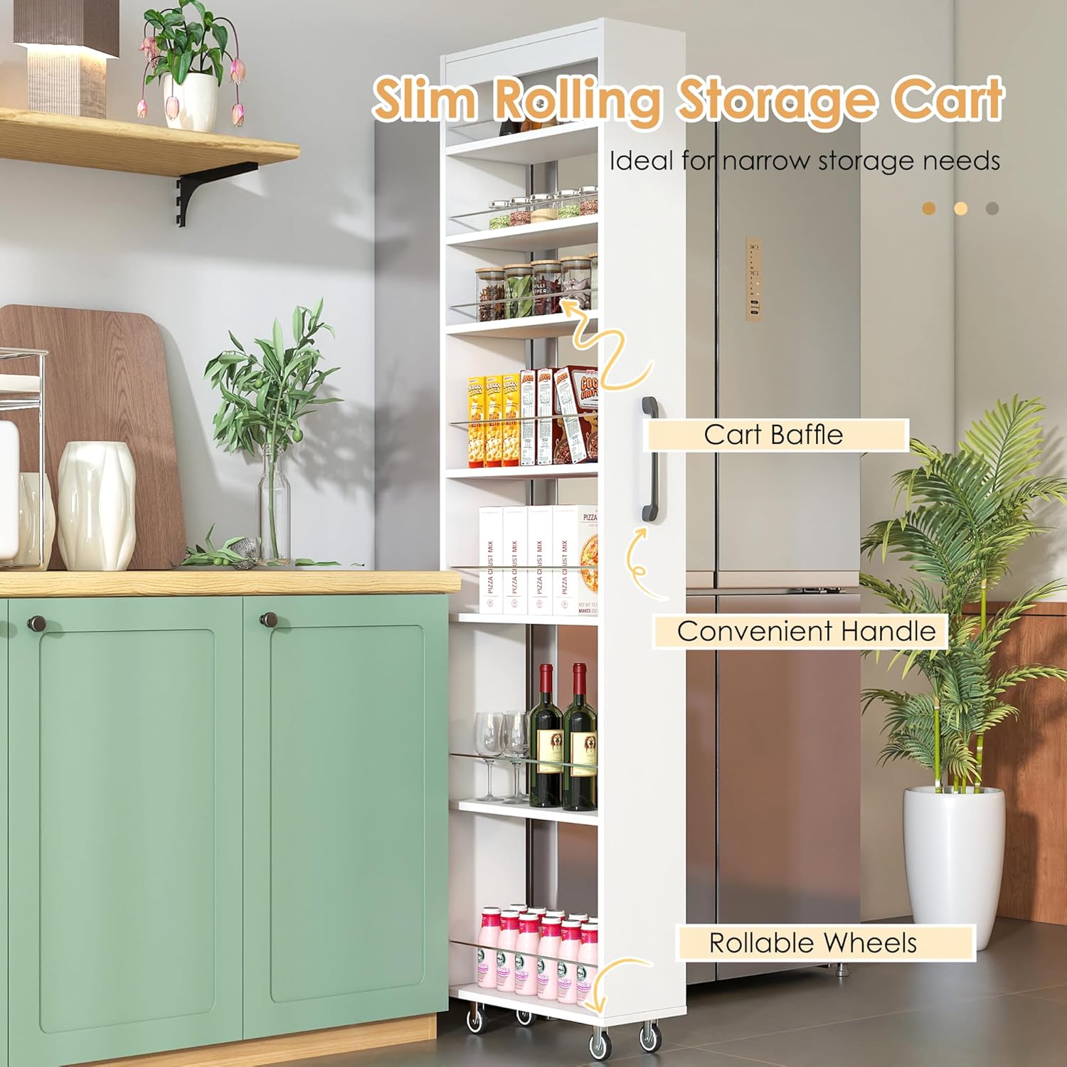 Slim Rolling Storage Cart with Wheels, 7 Tier Mobile Shelving Unit Organizer, Skinny Shelf Spice Rack, Slim Kitchen Cart for Pantry, Laundry, and Narrow Places(7.8 in)