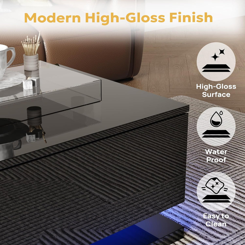 holzart Compact Low-Profile Coffee Table with LED Lights & Storage, 39.4&...