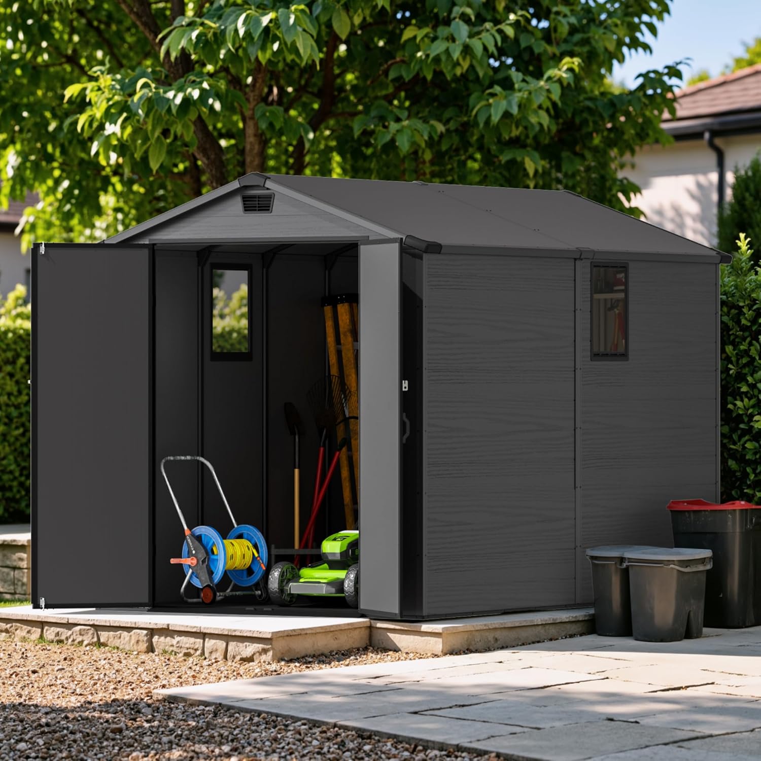 Devoko 6x10 FT Plastic Outdoor Storage Shed - Lockable Resin Tool Shed with Window & Floor - Easy Assembly for Garden, Backyard, Dark Gray