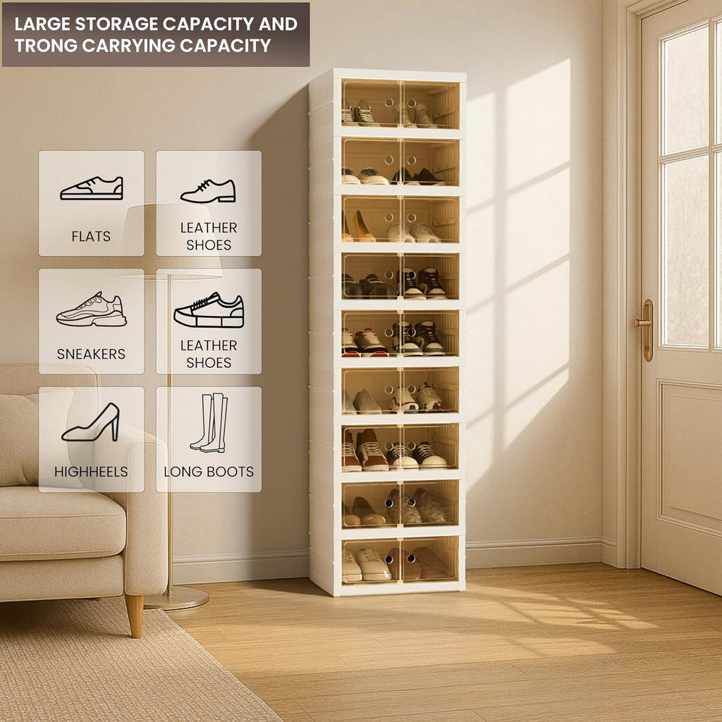 Foldable Shoe Organizer Storage Box, Portable Extra Large Folding Shoe Rack for Closet, Shoe Storage Box with Magnetic Transparent Door and Wheels, 9 Layers 18 Grids