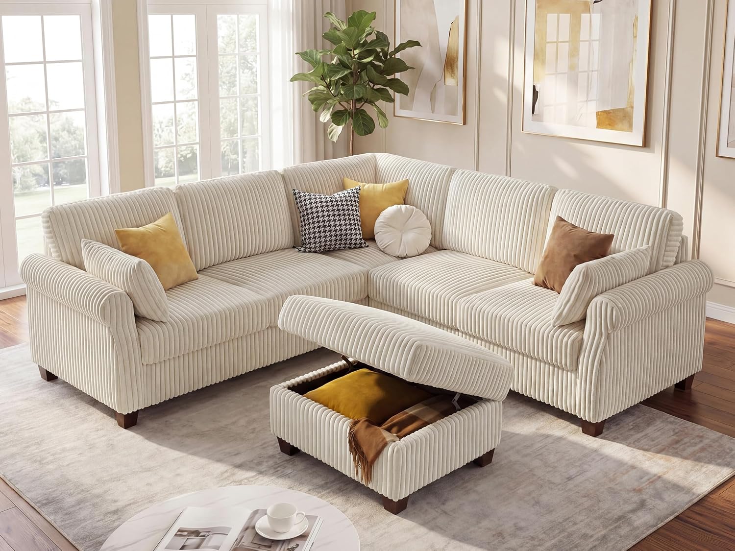 90.6" V-Shaped Sectional Sofa with Storage Ottoman, Corduroy Beige | Cloud Comfort, Couches for Living Room, 5-Seat, Comfy Deep Seat, 2 Throw Pillows, Bedroom, Apartment, Office