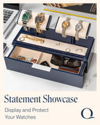 QWATCH Watch Stand Display Case - Acrylic Watch Box for 2 or 4 Watches with Jewelry Valet Tray and Drawer