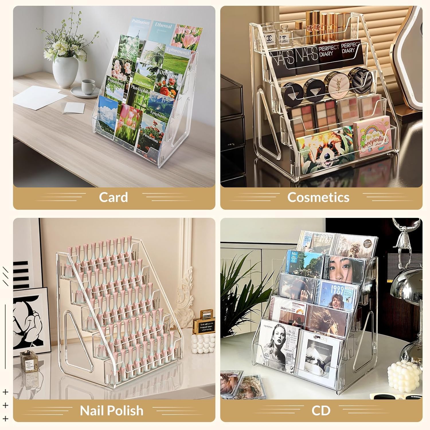 Acrylic CD Rack 5-Tier Cascading CD Storage Organizer, Holds Up to 30 CD Jewel Cases, Clear CD & DVD Display Shelf for Music, Postcards & Cosmetics（1PC）