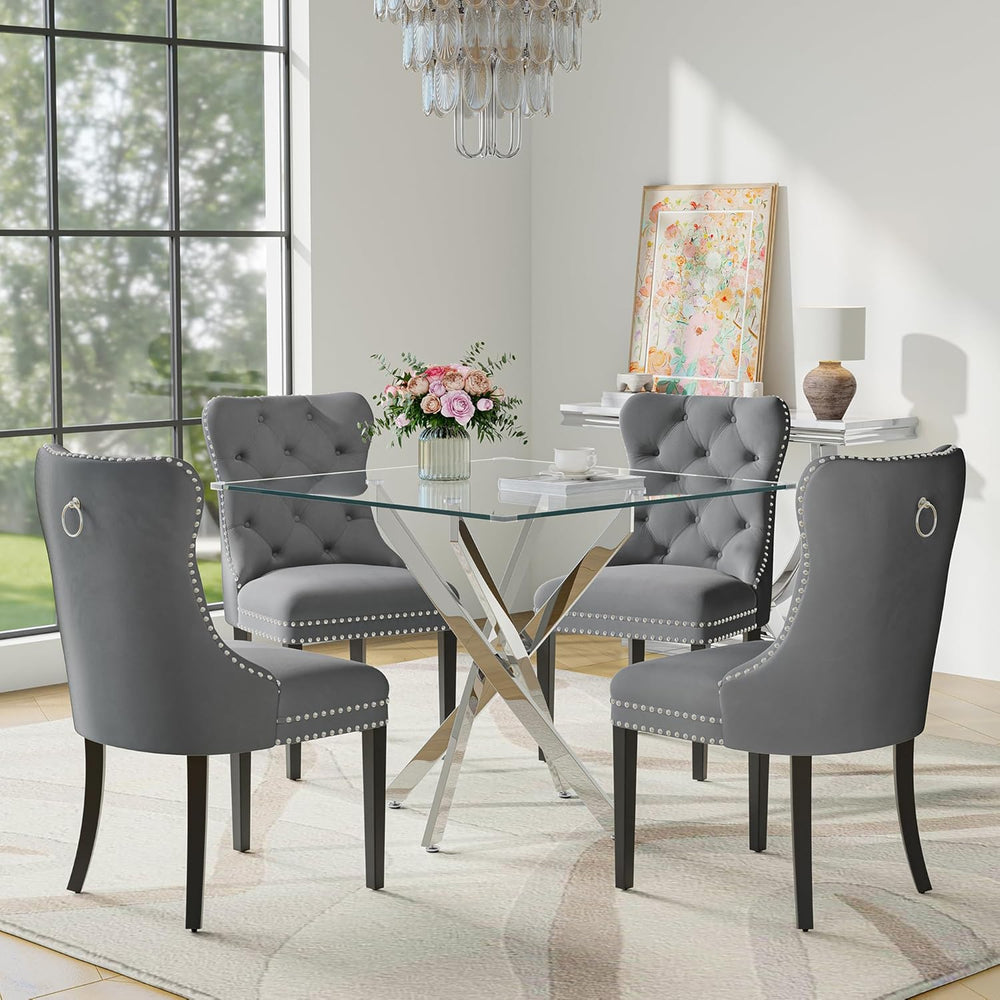 Glass Dining Table Set for 4 with 36" Square Tempered Glass Kitchen Tabl...