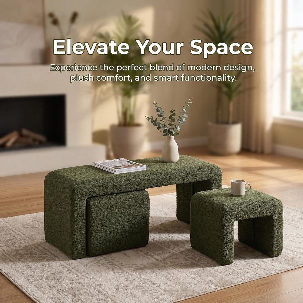 ROCITY Green Boucle Bedroom Bench Small Upholstered Entryway Bench Modern She...