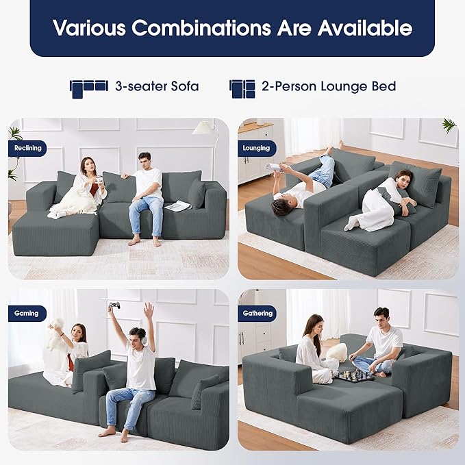 KINGYES 107'' Modular Sectional Sofa, L Shaped Cloud Couch for Living Room, Modern Boneless Sofa with Chaise for Bedroom, Light Gray