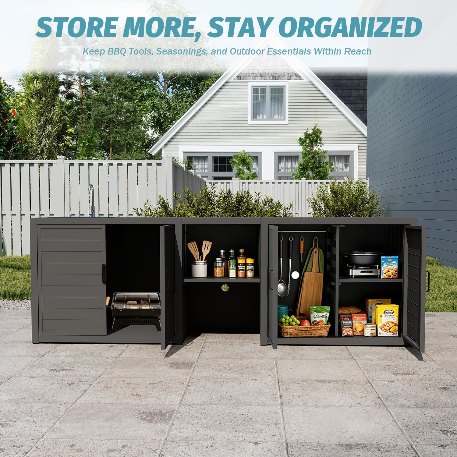Domi Outdoor Kitchen Island with Sink, Aluminum Outdoor Kitchen Cabinet with Large Storage Space, Powder-Coated Weather Resistant Patio BBQ Prep Station with Drop-in Sink and Wide Countertop