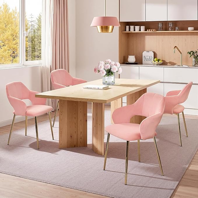 VECELO Velvet Dining Chairs Set of 4, Modern Upholstered Kitchen Chairs with Cushion, Padded Backrest and Metal Legs, Pink