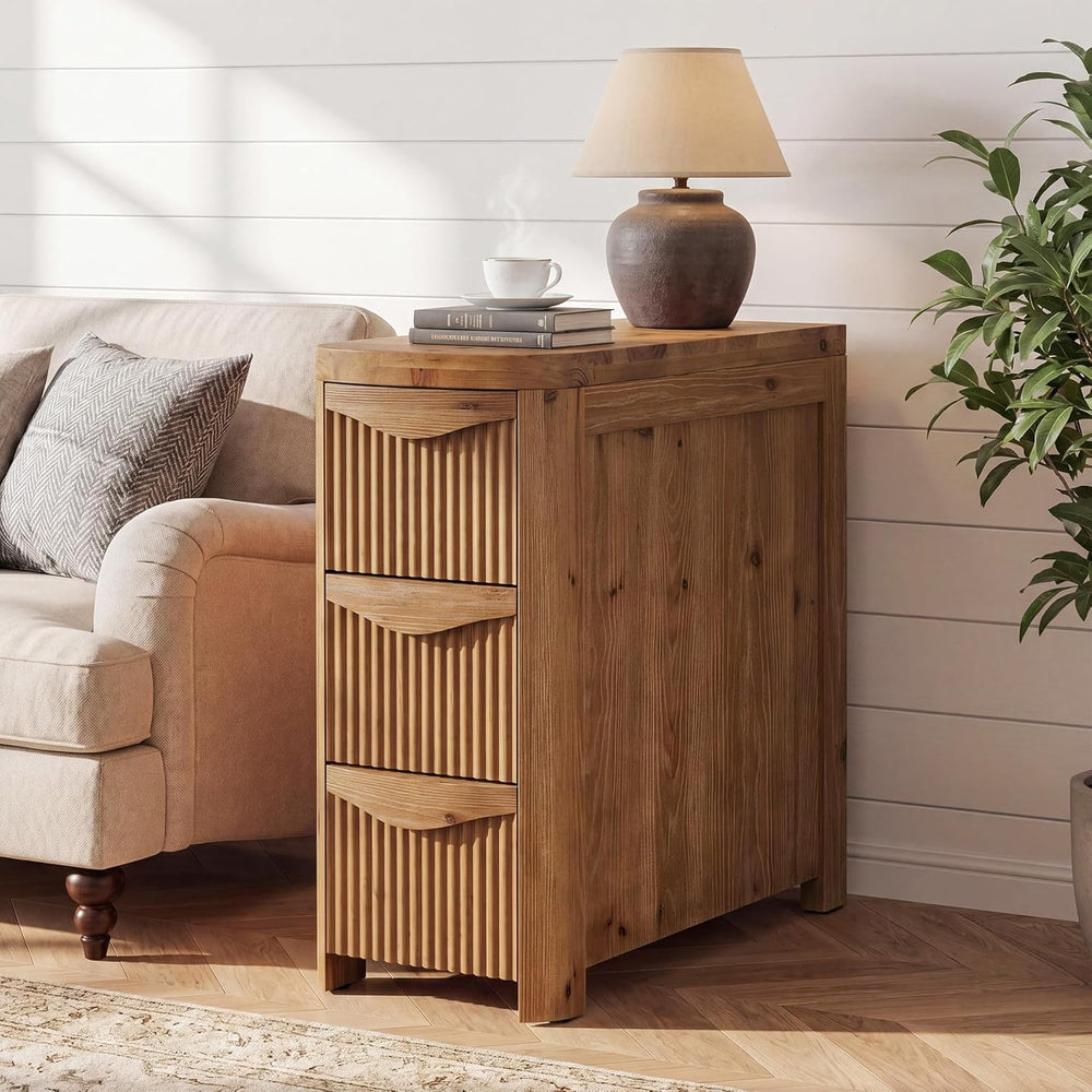 Solid Wood End Table with 3 Drawers, 24" Farmhouse Fluted Narrow Side Ta...