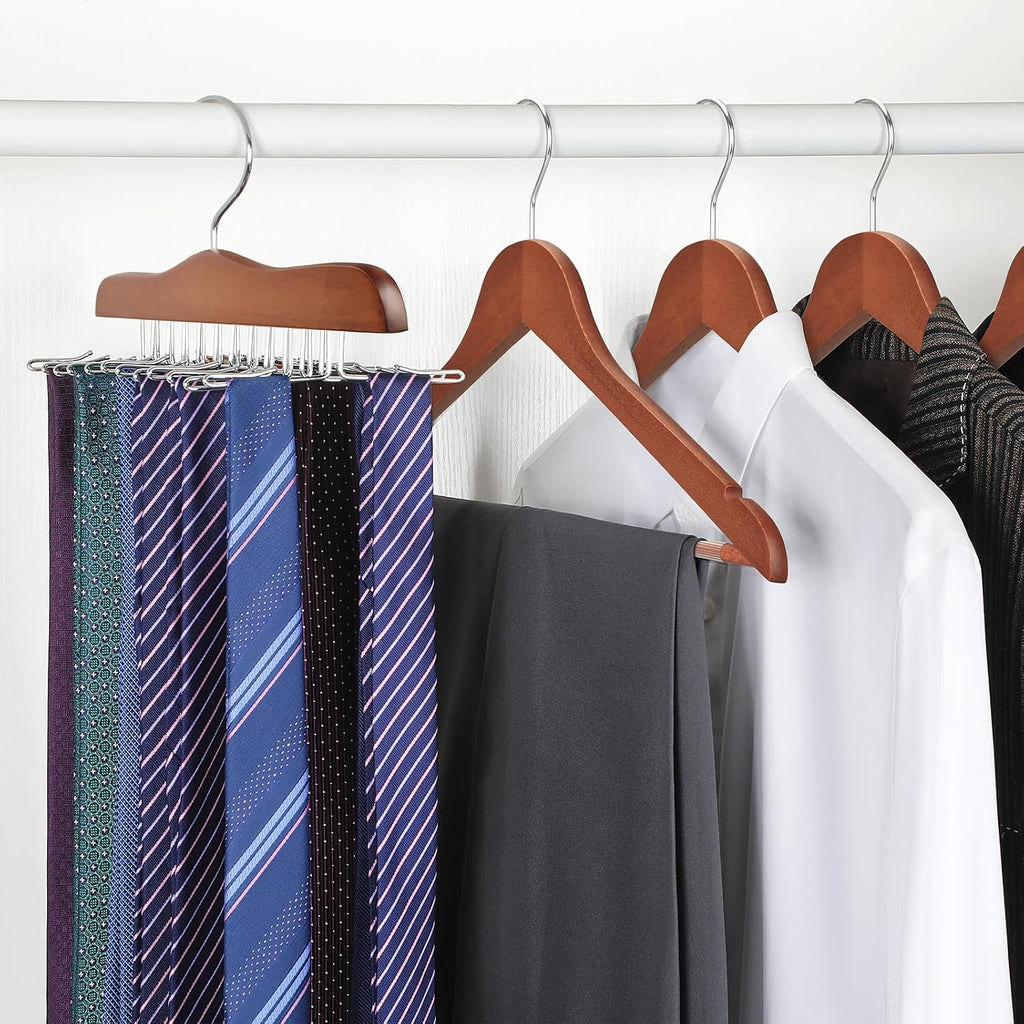 TOPIA HANGER Tie Rack Hanger for Closet 2 Packs, Wooden Tie Organizer for Men with 24 Folding Hooks, Space Saving Necktie Holder for Storage and Display Bra, Tank Top, Camisole (Walnut)-CT14WA-2