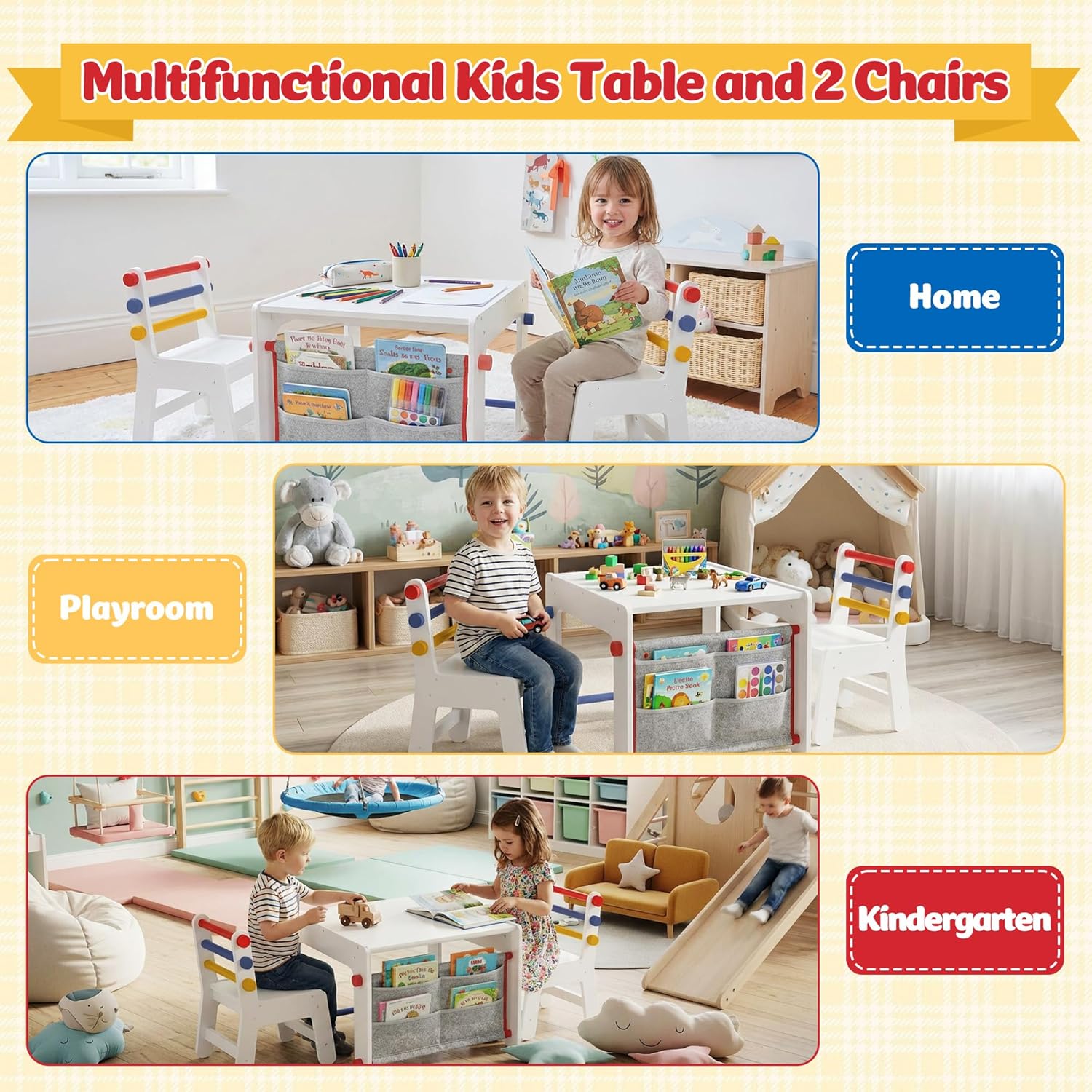 DOREROOM Wooden Kids Table and Chairs Set – 4-in-1 Activity Table with Removable Storage & Washable Graffiti Desktop for Drawing/Crafts/Arts/Reading, Toddler Desk for Home, Playroom, Ages 3+, White