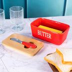 Red Butter Dish with Lid for Countertop, Large Ceramic Covered Butter Stick Holder Container for Fridge