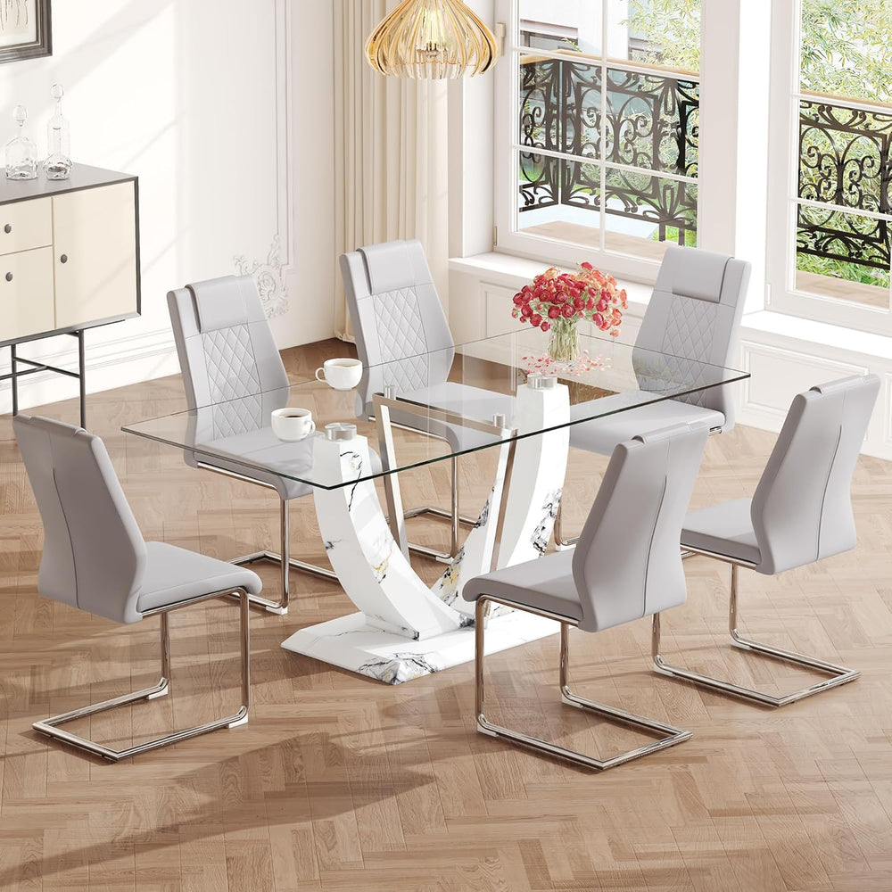 Modern Faux Marble Dining Table Set for 6, 63" Rectangular Kitchen Table...