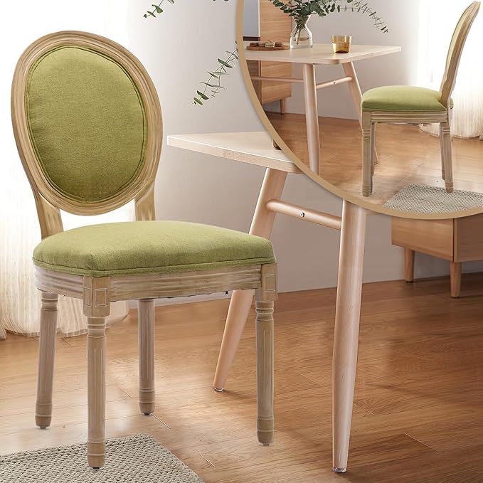 Linen Upholstered Dining Chairs Set of 2 French Country Oval Fabric Back Kitchen Side Chair with Wood Legs for Dining Room, Kitchen, Restaurant(Olive Green-Fabric)